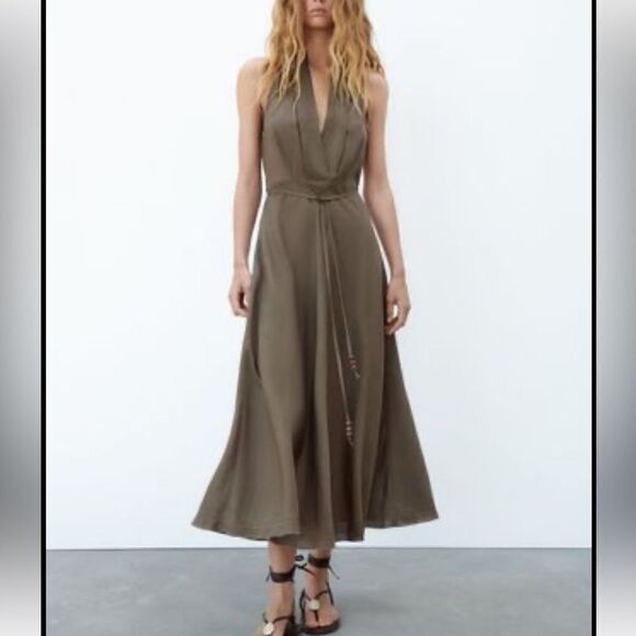 ZARA LINEN BLEND KHAKI HALTER NECK MIDI DRESS blogger’s favorite size large - Picture 3 of 16